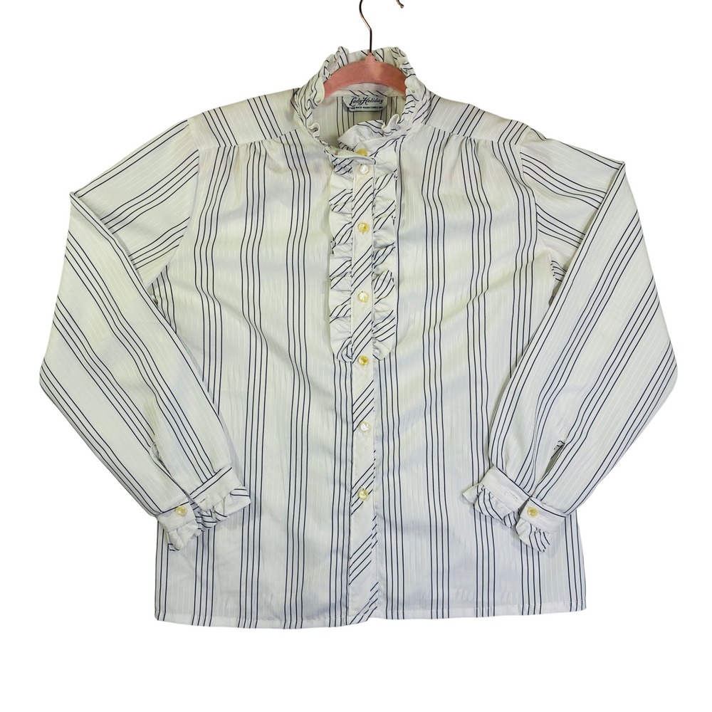 Vintage Lady Holiday Ruffle Neck Striped Blouse White Navy ILGWU Union Made L